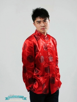 Pre-order ชุดจีน ชาย เสื้อคอจีน ผ้าไหมจีน ทอลาย สีแดง - ดำ