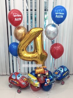 ลูกโป่ง วันเกิดเด็ก ฟอยล์ตัวเลข ขนาด 40" ตั้งฐาน 1 ชิ้น พร้อม ช่อลูกโป่ง ช่อ 3 ลูก 2 ช่อ พร้อม ฟอยล์รถแข่ง ลากจูง 2 ชิ้น พร้อมตกเเต่ง สามารถเปลี่ยนสีลูกโป่ง/เปลี่ยนข้อความ/เปลี่ยนสี-ฟอยล์ตัวเลข/เปลี่ยนฟอยล์ตกแต่งได้