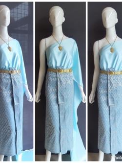 เช่า ชุดไทย ชุดเพื่อนเจ้าสาว ชุดไทยผ้าถุงสีฟ้าเทาเงิน สไบเรียบฟ้า