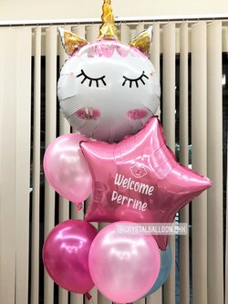 ลูกโป่ง Welcome Baby Girl Theme Unicorn โทนสีชมพู พร้อม ฟอยล์ดาว ขนาด 24" 1 ชิ้น พร้อมตกเเต่ง สามารถเปลี่ยนสีลูกโป่ง/เปลี่ยนข้อความ/เปลี่ยนฟอยล์การ์ตูนได้