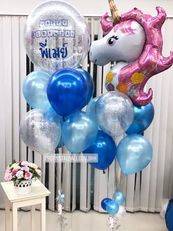 ลูกโป่ง วันเกิดเด็กหญิง Theme Unicorn Bubble ขนาด 24" โทนสีน้ำเงิน พร้อมตกแต่ง ช่อลูกโป่ง 2 ช่อ สามารถเปลี่ยนสีลูกโป่ง/เปลี่ยนข้อความ/เปลี่ยนฟอยล์ตกแต่ง/เปลี่ยนขนาดได้