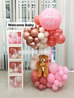 Orgranic Welcome Baby Girl Theme สีชมพู พร้อม ตุ๊กตาหมี 1 ตัว พร้อมตกแต่ง กล่องติดตัวอักษร 4 ตัวอักษร,สามารถใส่รูปได้ สามารถเปลี่ยนสีลูกโป่ง/เปลี่ยนข้อความได้