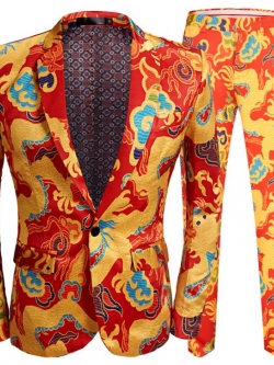 พร้อมเช่า ชุดสูทจีนชาย โทนสีส้มแดง ทอลายในเนื้อผ้า แบบหรูหรา สไตล์จีน