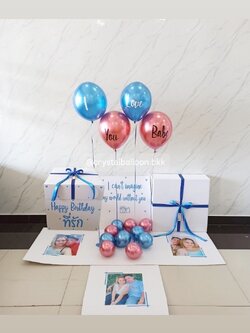 Happy Birthday Surprised box กล่องเซอร์ไพรส์วันเกิด พร้อม ลูกโป่ง 4 ลูก พร้อมตกเเต่ง สามารถใส่รูปได้ 2 ใบ สามารถเปลี่ยนสีลูกโป่ง/เปลี่ยนสีข้อความได้