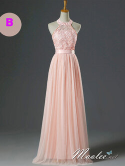 พร้อมส่ง ชุดราตรียาว เพื่อนเจ้าสาว แบบ B คล้องคอ แต่งลูกไม้ กระโปรงตาข่าย (จับสม๊อกด้านหลัง)