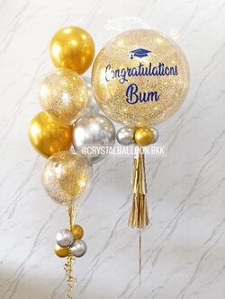 สั่ง ลูกโป่ง รับปริญญา Bubble ขนาด 24" กลิตตเตอร์สีทอง พร้อม ช่อลูกโป่งโครเมี่ยม ช่อ 7 ลูก 1 ช่อ,ลูกโป่งใส ใส่กลิตเตอร์ พร้อมตกเเต่ง สามารถเปลี่ยนสีลูกโป่ง/เปลี่ยนข้อความ/เปลี่ยนขนาดได้