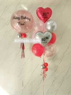 ลูกโป่ง วันเกิด Bubble ขนาด 24" กลิตเตอร์สีแดง 1 ลูก พร้อม ช่อลูกโป่งฟอยล์หัวใจ ขนาด 18" ช่อ 10 ลูก 1 ช่อ พร้อมตกแต่ง สามารถเปลี่ยนสีลูกโป่ง/เปลี่ยนข้อความ/เปลี่ยนสี-ฟอยล์ตกแต่งได้
