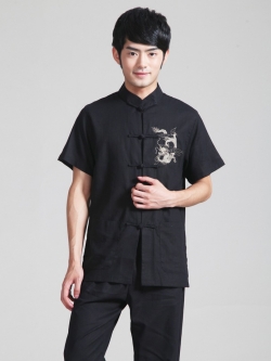Pre-order ชุดจีน เสื้อจีนชาย แขนสั้น ผ้าฝ้าย สีดำ ปักลายมังกร