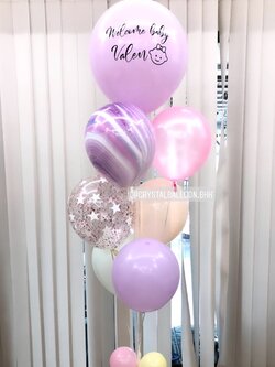 ลูกโป่ง Welcome Baby Girl โทนสี ม่วง-ชมพู พร้อม ลูกโป่งดาวใสใส่กลิตเตอร์,ลูกโป่งลายหินอ่อน พร้อมตกเเต่ง สามารถเปลี่ยนสีลูกโป่ง/เปลี่ยนข้อความได้