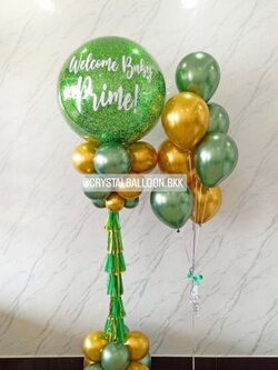 เสาลูกโป่ง Welcome Baby Bubble ขนาด 36" กลิตเตอร์สีเขียว 1 ลูก พร้อม ช่อลูกโป่งสีโครเมี่ยม ช่อ 7 ลูก 1 ช่อ พร้อมตกแต่ง สามารถเปลี่ยนสีลูกโป่ง/เปลี่ยนข้อความได้