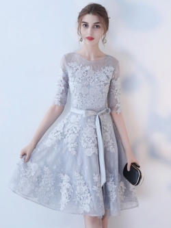 Pre-order เดรส สีเทา ชุดราตรีสั้น แขนยาว ลูกไม้สวยหรู (ซิปหลัง)