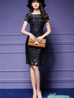 พร้อมส่ง ชุดเดรส/ชุดออกงาน ผ้าเกาหลี ผ้าโปร่งปักแขนสั้นลายดอกไม้ สีดำ (ซิปหลัง) XL , 2XL