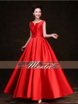 พร้อมเช่า ชุดราตรียาว แบบแขนกุด ผ้าซาตินเรียบหรู แต่งโบว์2ชั้น ช่วงเอว สีแดง (เชือกผูกหลัง)