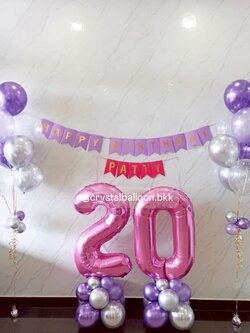 ลูกโป่ง วันเกิด ช่อลูกโป่ง ช่อ 7 ลูก 2 ช่อ พร้อม ป้ายธง Happy Birthday 1 ชิ้น , ป้ายธง 5 อักษร , ฟอยล์ตัวเลข ขนาด 40" สีชมพู 2 ชิ้น ตั้งฐาน Theme ชมพู - ม่วง พร้อมตกแต่ง สามารถเปลี่ยนสีลูกโป่งได้