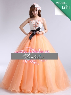 พร้อมเช่า ชุดแฟนซี ชุดราตรี เกาะอก สีส้ม ขาว แต่งดอกไม้ ผ่า V โปร่งกลางอก