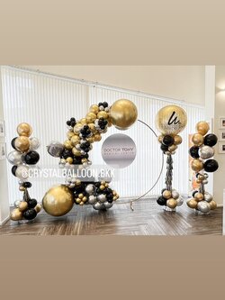 Organic Backdrop เปิดร้าน โครงกลม ขนาด 2x2 เมตร พร้อม ป้ายวงกลม ขนาด 80 ซม. 1 ชิ้น,เสาช่อลูกโป่ง 10 ลูก 2 เสา พร้อม เสาลูกโป่ง Bubble ขนาด 36" กลิตเตอร์ทอง 1 เสา พร้อมตกแต่ง สามารถเปลี่ยนสีลูกโป่ง/เปลี่ยนข้อความได้