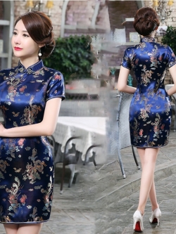 Pre-order กี่เพ้าสั้น สีน้ำเงิน ลายมังกรนกฟินิกซ์ ผ้าไหมจีน กุ๊นขอบ ตัดเย็บอย่างดี