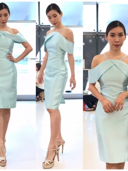 พร้อมเช่า ราตรีสั้น ชุดเดรสเดรสเนื้อไหม ทรงเข้ารูป สายเดี่ยวปาดไหล่ สีเขียวมิ้นต์