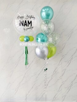 ลูกโป่ง วันเกิด Bubble ขนาด 24" กลิตเตอร์สีขาว 1 ลูก พร้อม ช่อลูกโป่งสีโครเมี่ยม ช่อ 7 ลูก 1 ช่อ Theme สีเขียวโครเมี่ยม พร้อมตกแต่ง สามารถเปลี่ยนสีลูกโป่ง/เปลี่ยนข้อความ/เปลี่ยนขนาดได้