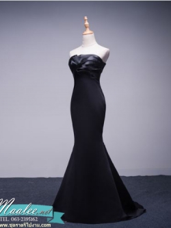 พร้อมส่ง ชุดราตรียาว แบบเกาะอก ทรงหางปลา สีดำ เรียบหรู แต่งผ้าแก้วช่วงอก กระโปรงผ้าซาติน ชายยาว