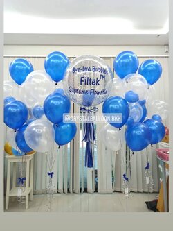 ลูกโป่ง อำลา Bubble ขนาด 24" Theme สีน้ำเงิน พร้อม ช่อลูกโป่ง ช่อ 7 ลูก 4 ช่อ พร้อมตกเเต่ง สามารถเปลี่ยนสีลูกโป่ง/เปลี่ยนข้อความ/เปลี่ยนขนาดได้