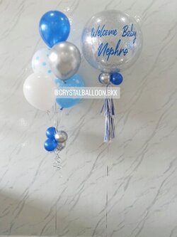 ลูกโป่ง Welcome Baby Bubble ขนาด 24" กลิตเตอร์สีเงิน พร้อม ช่อลูกโป่ง ช่อ 5 ลูก 1 ช่อ พร้อมตกแต่ง สามารถเปลี่ยนสีลูกโป่ง/เปลี่ยนข้อความ/เปลี่ยนขนาดได้