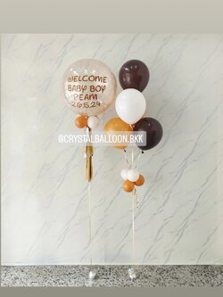 ลูกโป่ง Welcome Baby Bubble ขนาด 24" กลิตเตอร์สีแชมเปญ 1 ลูก พร้อม ช่อลูกโป่ง ช่อ 5 ลูก 1 ช่อ Theme Dark Chocolate พร้อมตกแต่ง สามารถเปลี่ยนสีลูกโป่ง/เปลี่ยนข้อความ/เปลี่ยนขนาดได้