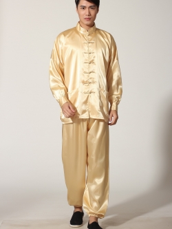 Pre-order ชุดจีนชาย แขนยาวผ้าแพร สีทอง