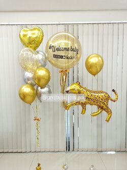 ลูกโป่ง Welcome Baby Bubble ขนาด 24" Theme สีทอง พร้อมตกแต่ง ช่อลูกโป่งฟอยล์หัวใจ 18" 1 ช่อ,ลูกโป่งใส ใส่กลิตเตอร์,ฟอยล์เสือใหญ่ 1 ชิ้น สามารถเปลี่ยนสีลูกโป่ง/เปลี่ยนข้อความ/เปลี่ยนขนาด/เปลี่ยนสี-ฟอยล์ตกแต่งได้