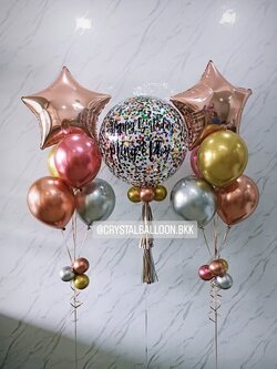 ลูกโป่ง วันเกิด Bubble ขนาด 24'' คอนเฟตติหลากสี พร้อมตกแต่ง ช่อฟอยล์ดาว ขนาด 24'' 2 ช่อ สามารถเปลี่ยนสีลูกโป่ง/เปลี่ยนข้อความ/เปลี่ยนขนาด/เปลี่ยนสี-ฟอยล์ตกแต่งได้