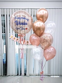 ลูกโป่ง วันเกิด Bubble ขนาด 24" Theme โรสโกล พร้อม ป้ายธง/ช่อลูกโป่ง 1 ช่อ,ลูกโป่งใส ใส่กลิตเตอร์ พร้อมตกเเต่ง สามารถเปลี่ยนสีลูกโป่ง/เปลี่ยนข้อความ/เปลี่ยนขนาดได้