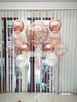 ลูกโป่ง วันเกิด Bubble ขนาด 24" Theme สีโรสโกล พร้อม ช่อลูกโป่ง ช่อ 7 ลูก 2 ช่อ,ลูกโป่งใส ใส่กลิตเตอร์ พร้อมตกเเต่ง สามารถเปลี่ยนสีลูกโป่ง/เปลี่ยนข้อความ/เปลี่ยนขนาดได้