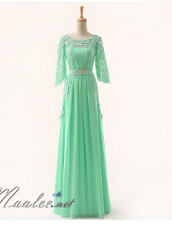 พร้อมเช่า ชุดราตรียาว สีเขียวอ่อน แขนสามส่วน แต่งลูกไม้ จับเดรปทรงนาฬิกาทราย (L-3XL)