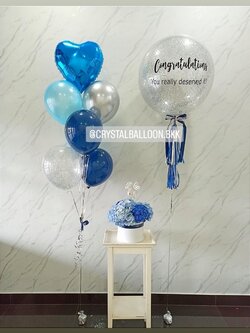 ลูกโป่ง เเสดงความยินดี Bubble ขนาด 24" กลิตเตอร์สีเงิน พร้อม ช่อลูกโป่งฟอยล์หัวใจ ขนาด 18 " ช่อ 7 ลูก 1 ช่อ พร้อม กล่อง ดอกไฮเดรนเยีย โทน น้ำเงิน,ฟ้า พร้อมตกเเต่ง สามารถเปลี่ยนสีลูกโป่ง/เปลี่ยนขนาด/เปลี่ยนข้อความ/เปลี่ยนฟอยล์ตกเเต่งได้