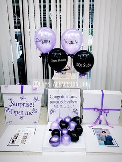 Surprise Box กล่องเซอร์ไพรส์แสดงควายินดี Theme สีม่วง-ดำ พร้อมตกแต่ง ลูกโป่ง 4 ลูก,สามารถใส่รูปได้ 2 ใบ สามารถเปลี่ยนสีลูกโป่ง/เปลี่ยนข้อความได้