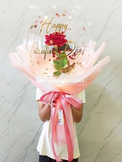 Flower Balloon Valentine's Day ดอกกุหลาบสีแดงประดิษฐ์ 1 ดอก Bubble ขนาด 18" พร้อม ไฟประดับ 1 ชิ้น,สามารถใส่เงิน 30 ใบ พร้อมตกแต่ง สามารถเปลี่ยนข้อความ/เปลี่ยนสีได้