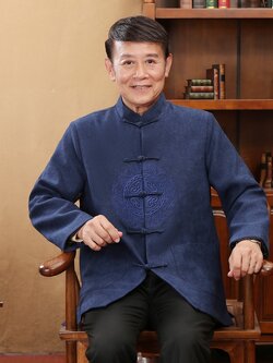 พร้อมส่ง ชุดจีน ชาย เสื้อคอจีน ผ้าไหมจีน สีน้ำเงิน กระดุมหน้า (L,XL)