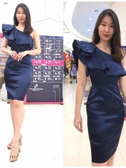 พร้อมเช่า ชุดเดรส ชุดออกงาน ราตรีสั้น ไหล่เฉียง สีกรมท่า