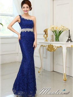 พร้อมส่ง ชุดราตรียาว เกาะอก ไหล่เดียว สีน้ำเงิน ลูกไม้ทั้งตัวเข้ารูป แต่งคริสตัล ด้านหลังเป็นซีทรู