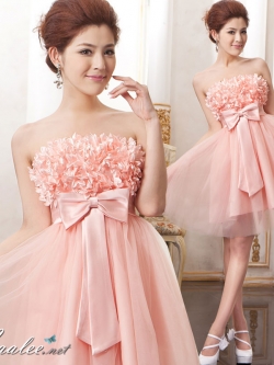 พร้อมเช่า ชุดแฟนซี ชุดราตรีสั้น สีโอรสเกาะอก แต่งดอกไม้