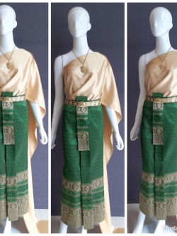 เช่า ชุดไทย ชุดเพื่อนเจ้าสาว ชุดไทยผ้าถุงสีเขียว สไบเรียบสีทอง