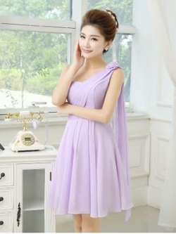 พร้อมเช่า ชุดราตรีสั้น ชุดเพื่อนเจ้าสาว สีม่วงอ่อน Lavender Lv-001D
