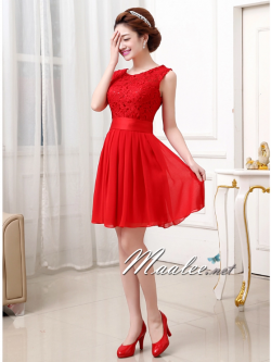 พร้อมเช่า ชุดราตรีสั้น สีแดง แขนกุด ลูกไม้ฉลุ กระโปรงผ้าชีฟอง