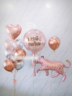 ลูกโป่ง Welcome Baby Girl Bubble ขนาด 24" สีโรสโกล พร้อม ช่อลูกโป่งฟอยล์หัวใจ ขนาด 18" 1 ช่อ,ลูกโป่งใส ใส่กลิตเตอร์ พร้อมตกแต่ง ฟอยล์เสือใหญ่ 1 ชิ้น สามารถเปลี่ยนสีลูกโป่ง/เปลี่ยนข้อความ/เปลี่ยนขนาด/เปลี่ยนสี-ฟอยล์ตกแต่งได้