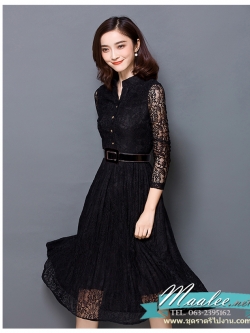 พร้อมส่ง ชุดเดรส/ชุดออกงาน/ชุดทำงาน สีดำ ลูกไม้ แขนยาว แต่งกระดุม มาพร้อมเข็มขัดสีแดง (ซิปข้างลำตัว) ** มีเฉพาะไซส์ 2XL , L **