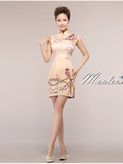 พร้อมส่ง ชุดเดรสสั้น ผ้าพิมพ์ลาย คอจีน กระโปรงแหวกข้าง (XL)