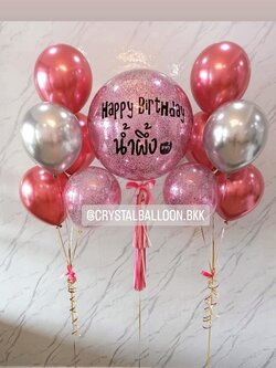 ลูกโป่ง วันเกิด Bubble ขนาด 24" Theme ชมพู พร้อมตกแต่ง ช่อลูกโป่งโครเมี่ยม 5 ลูก 2 ช่อ,ลูกโป่งใส ใส่กลิตเตอร์ สามารถเปลี่ยนสีลูกโป่ง/เปลี่ยนข้อความ/เปลี่ยนขนาดได้