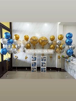 ลูกโป่ง เปิดงาน Bubble ขนาด 24" สีทอง 2 ลูก พร้อม ช่อลูกโป่งโครเมี่ยม 7 ลูก 6 ช่อ,ลูกโป่งใส ใส่ Confetti พร้อมตกแต่ง กล่องใส ติดตัวอักษร 6 ตัวอักษร สามารถเปลี่ยนสีลูกโป่ง/เปลี่ยนข้อความ/เปลี่ยนขนาดได้