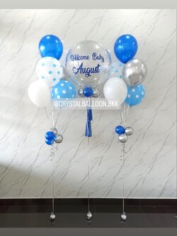 ลูกโป่ง Welcome Baby Bubble ขนาด 24" กลิตเตอร์สีเงิน พร้อม ช่อลูกโป่ง ช่อ 5 ลูก 2 ช่อ พร้อมตกแต่ง สามารถเปลี่ยนสีลูกโป่ง/เปลี่ยนข้อความ/เปลี่ยนขนาดได้