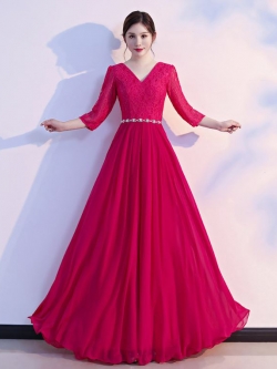 พร้อมเช่า ชุดราตรียาว สีชมพู บานเย็น ไซส์ใหญ่ แขนสามส่วน แต่งลูกไม้ กระโปรงผ้าชีฟอง เอวแต่งเพชร มีไซส์ XL - 3XL